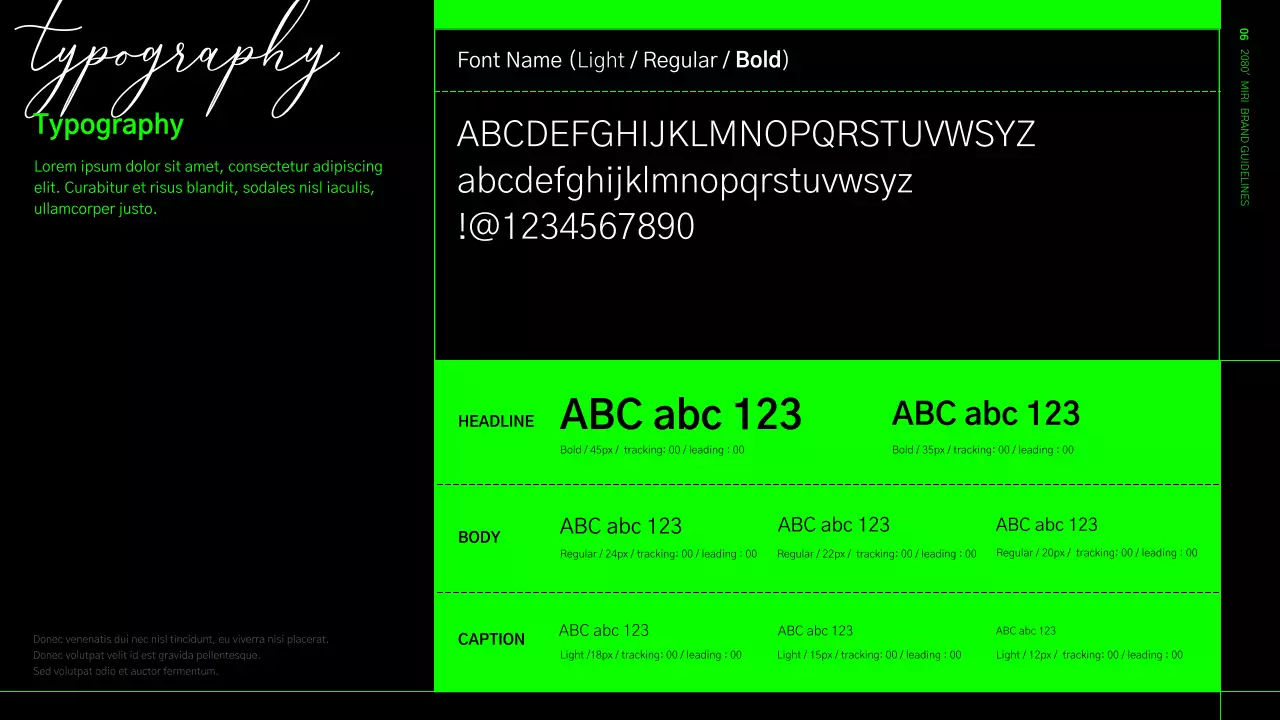 Brand identity guidelines in a lime green and black grid format