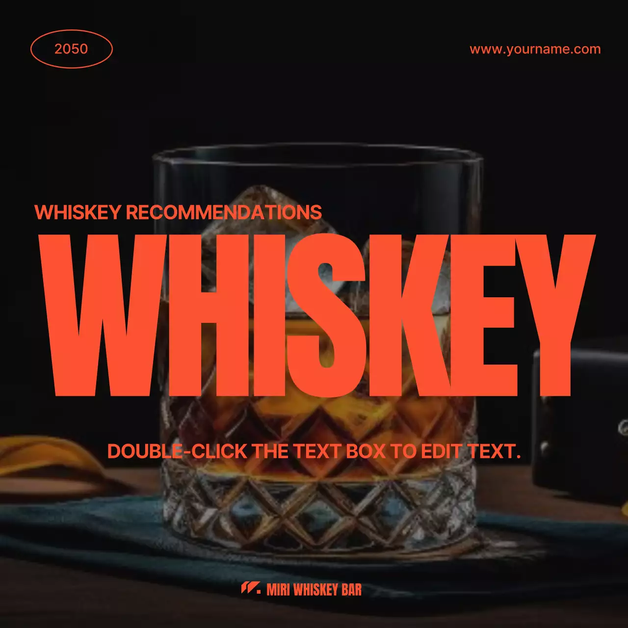 Promote a simple orange and black color scheme for whiskey varieties