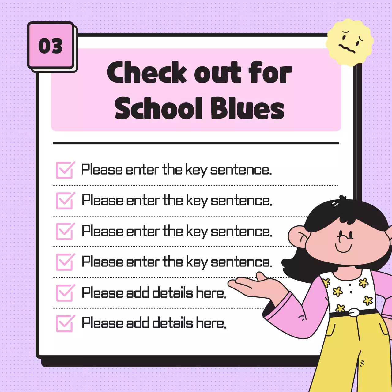 Provide information on new semester syndrome using simple pastel-toned illustrations and emoticons