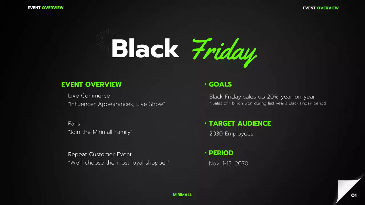A simple black and lime green mall Black Friday event planner