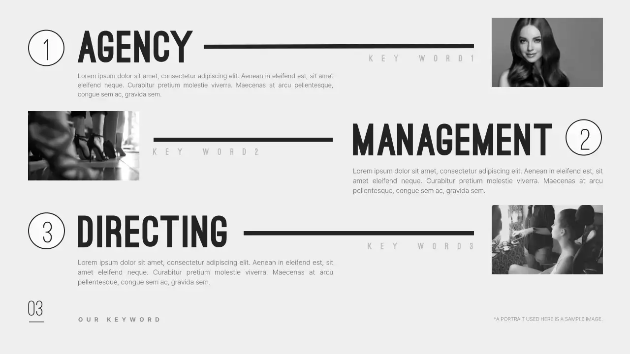 A clean and modern modeling agency company profile in black.