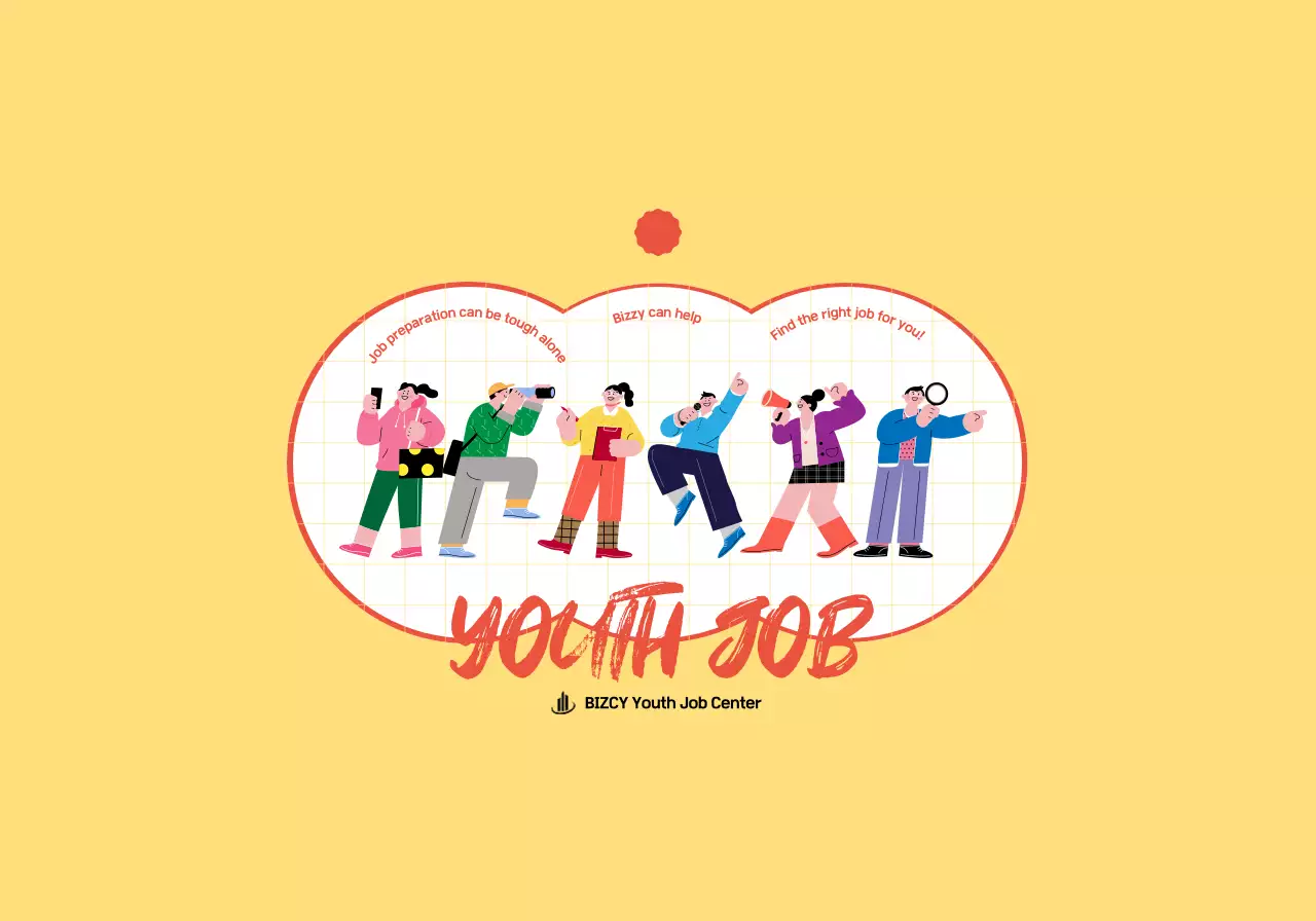 A job assistance center concept for young adults with cute illustrations in yellow and red.