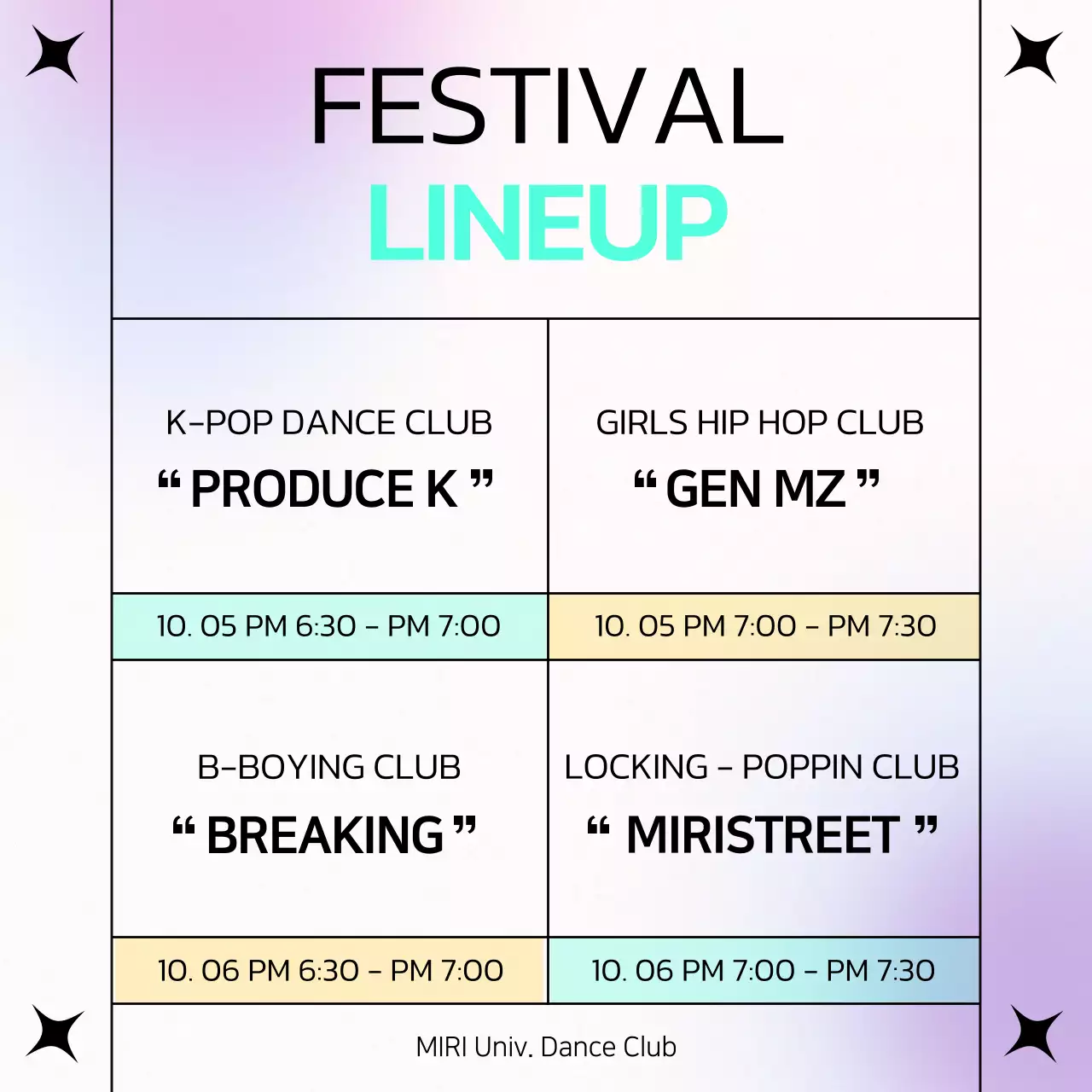 Announcing the dance club's performance lineup with a pop of mint and purple