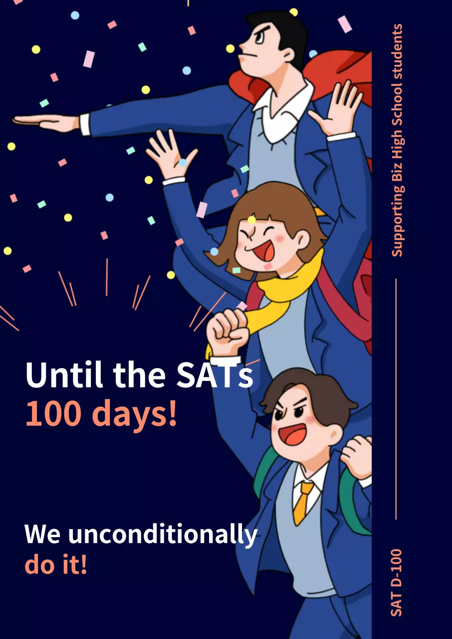 Một tấm áp phích cổ vũ ngày thứ 100 của kỳ thi tuyển sinh đại học với nền màu xanh nước biển và hình minh họa một học sinh vui vẻ.