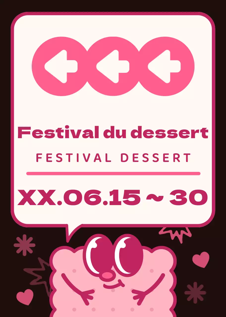 Schéma de couleurs marron et rose Mignons personnages en biscuits et bulles de dialogue style illustration Directions vers le festival du dessert