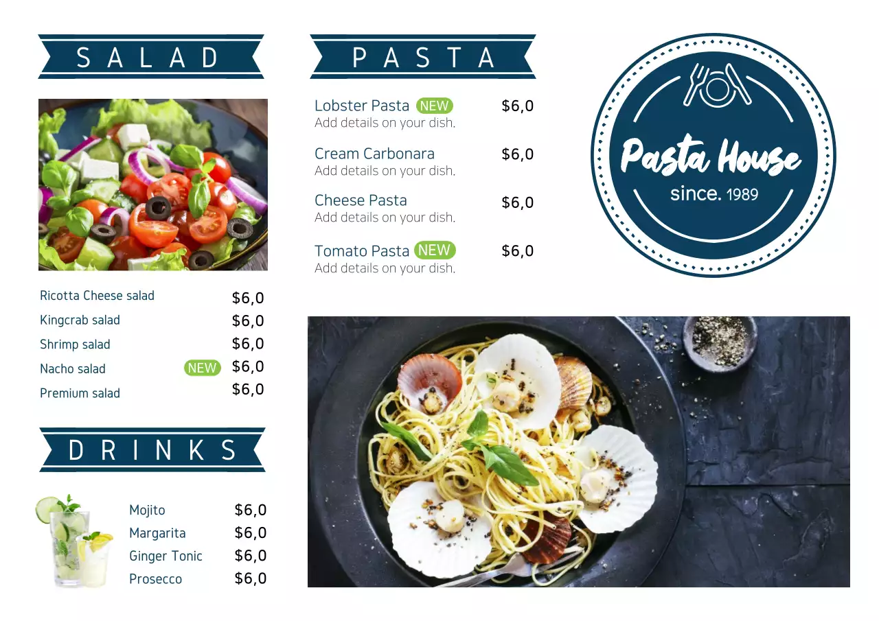 Navy Traditional Restaurant Menu Poster