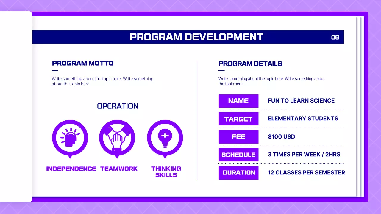 Science lesson proposal using purple pages