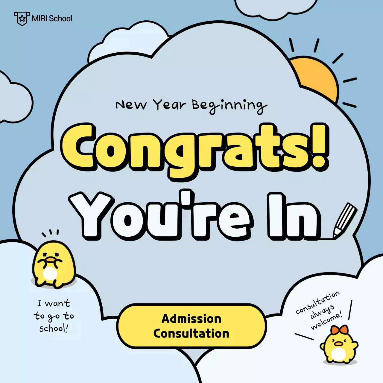 Elementary school admission counseling with a cute duck character concept with a light blue yellow cloud background