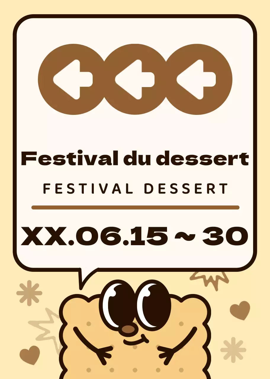 Schéma de couleurs marron et rose Mignons personnages en biscuits et bulles de dialogue style illustration Directions vers le festival du dessert