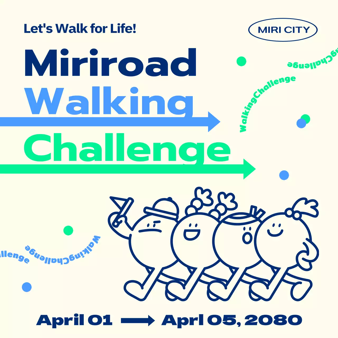 Promote a cute spring walk challenge with blue and green characters