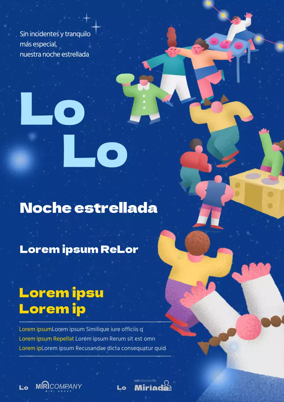 Un mercado nocturno tranquilo con simpáticas ilustraciones sobre fondo azul