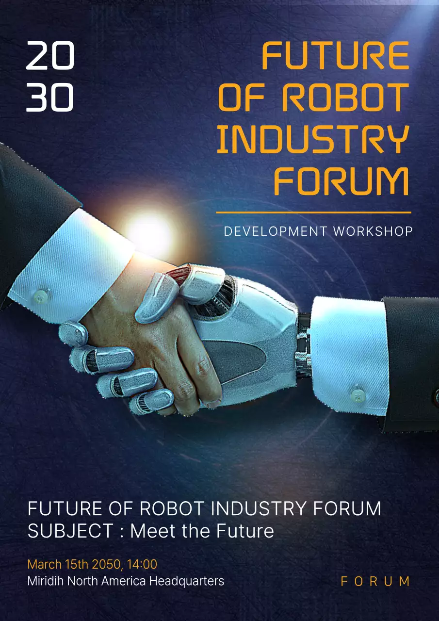 Robotics research forum poster of a robot and a human shaking hands on a navy blue grainy textured background.