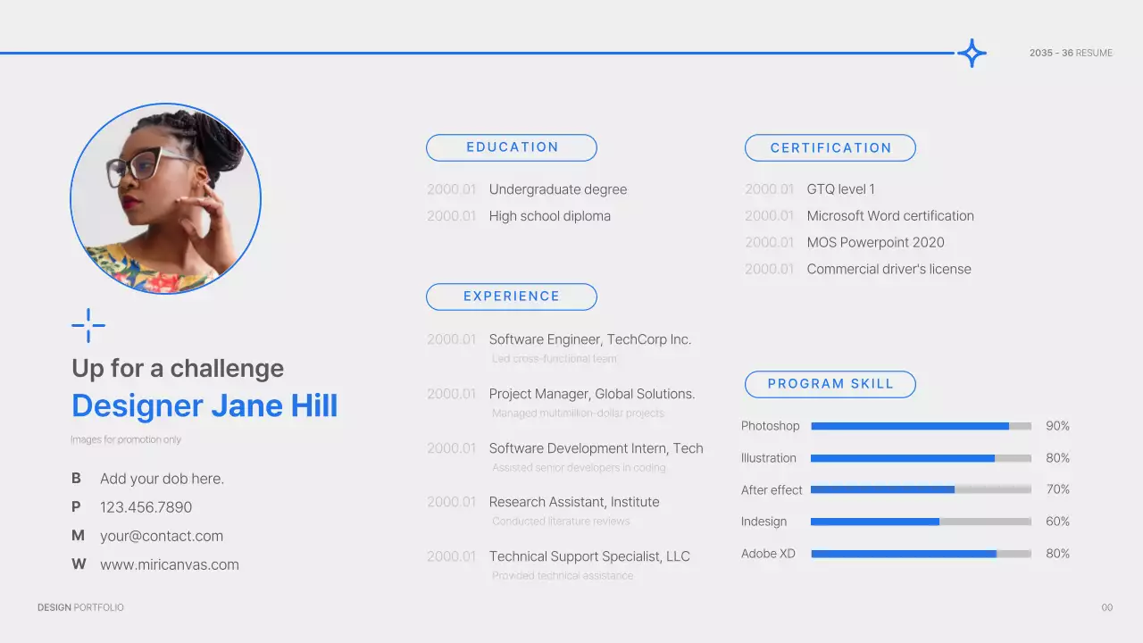 Design portfolio with a simple blue and white concept