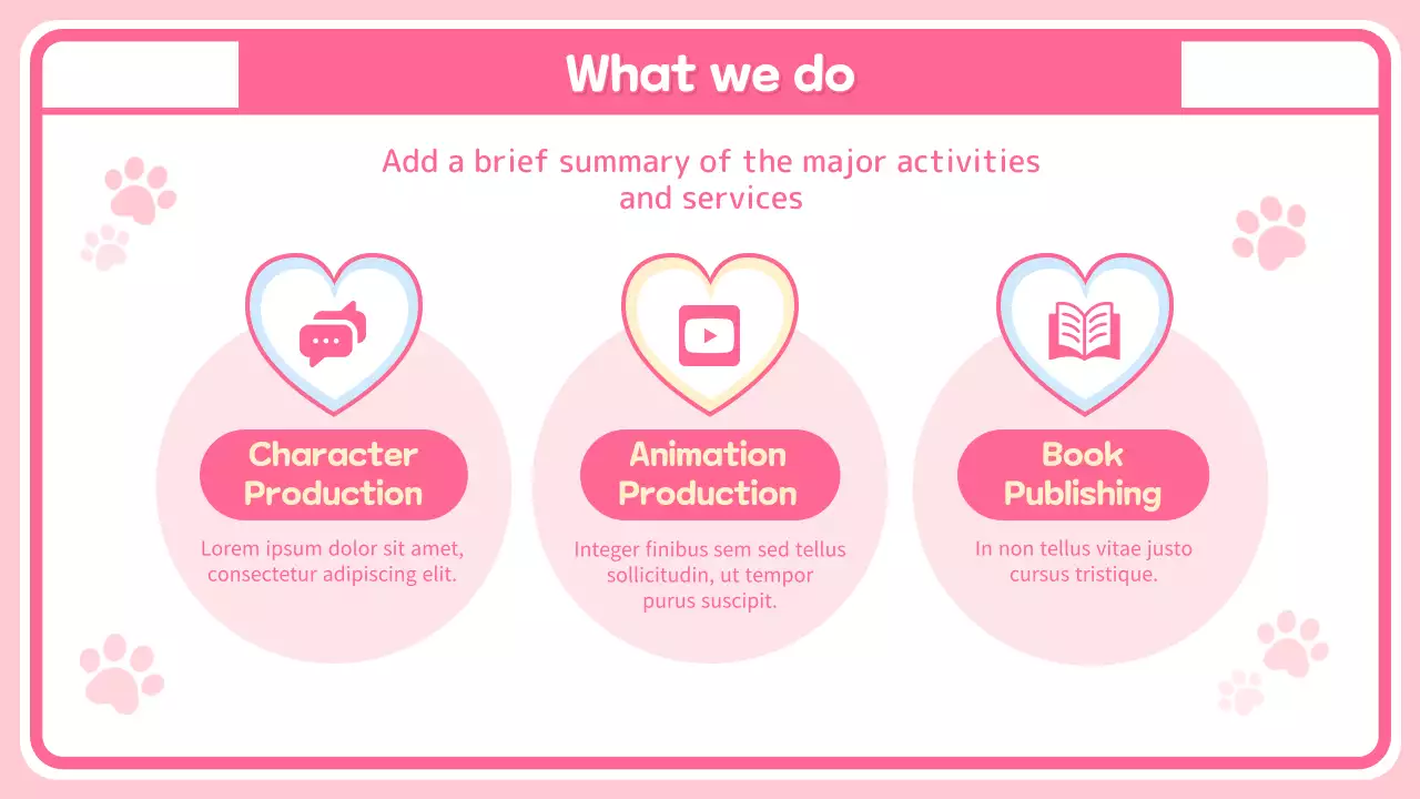 An introductory page with cute characters and merchandise on a pink checkered background