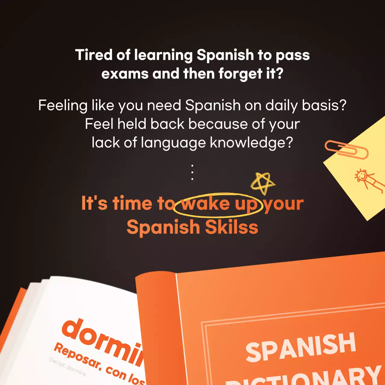 orange yellow brown book illustration english academy publicity card news