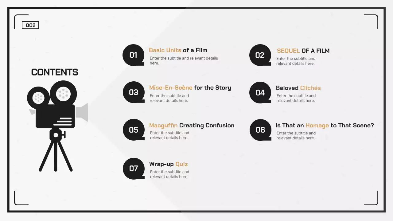 Clean cinematic terminology classroom with a black and orange camera feel