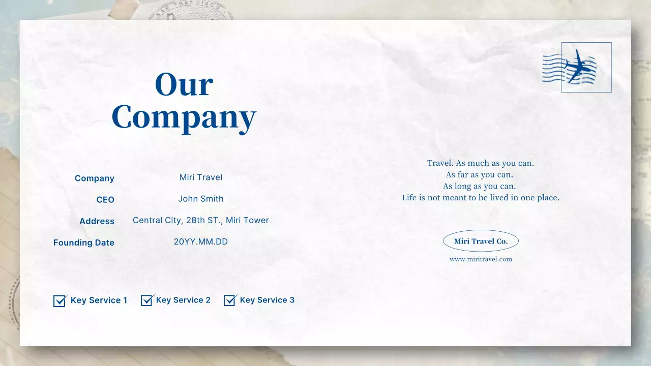 A blue and pastel, postcard-esque travel agency introduction