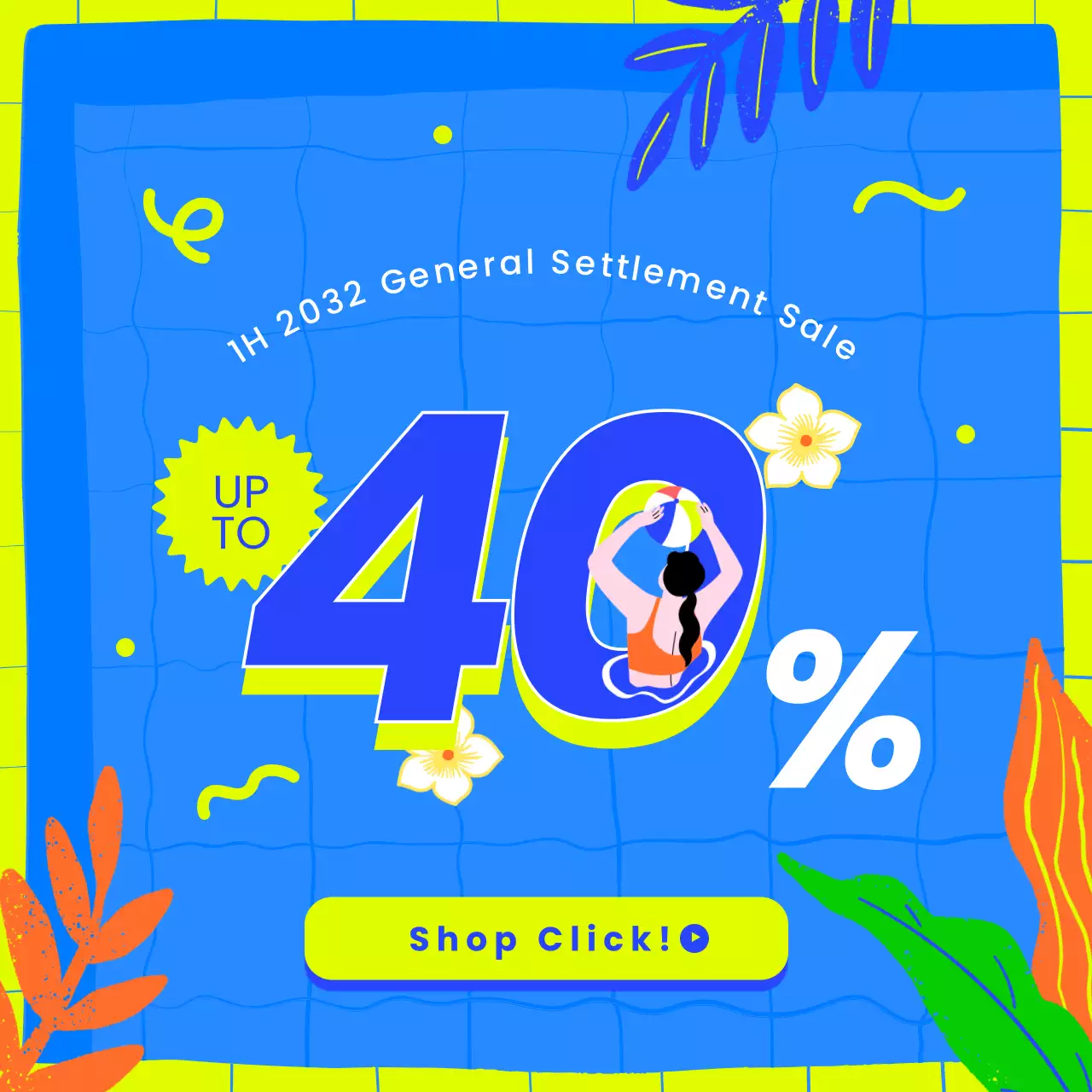 Blue-lime colorful tropical simple illustration concept for first half year end shopping promotion