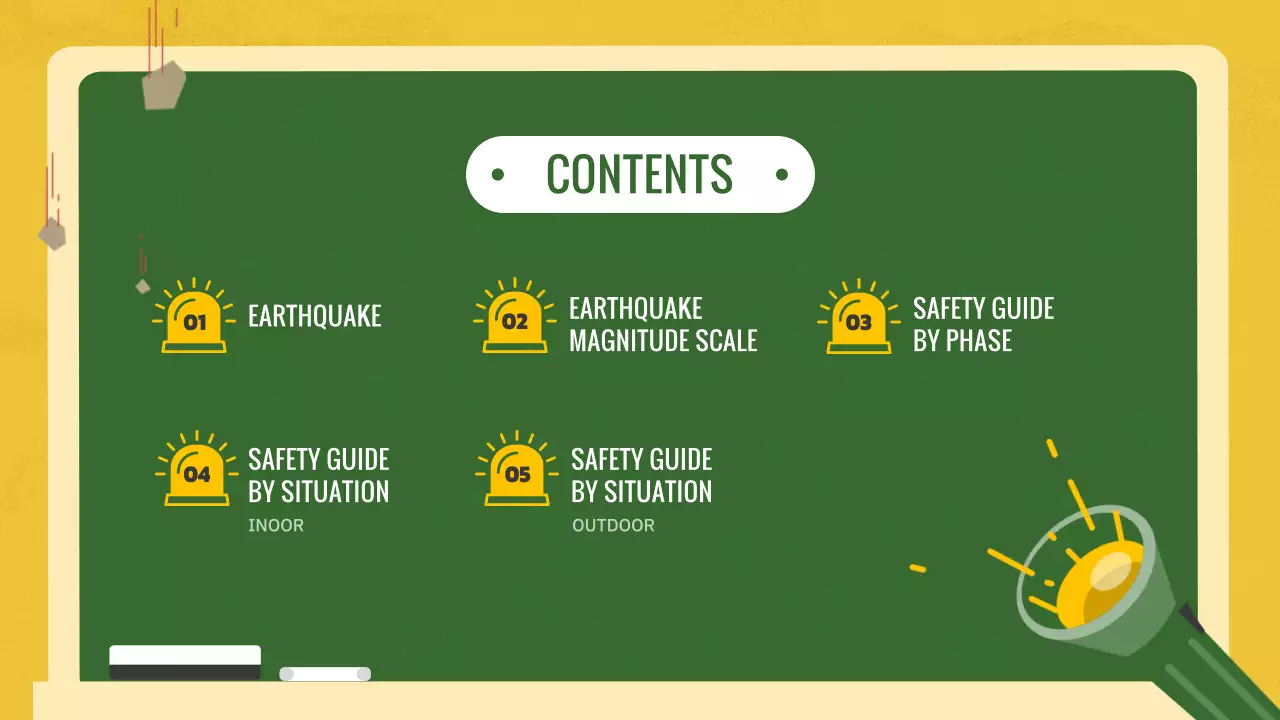 Earthquake and disaster preparedness safety education using illustrations on a yellow and green chalkboard concept