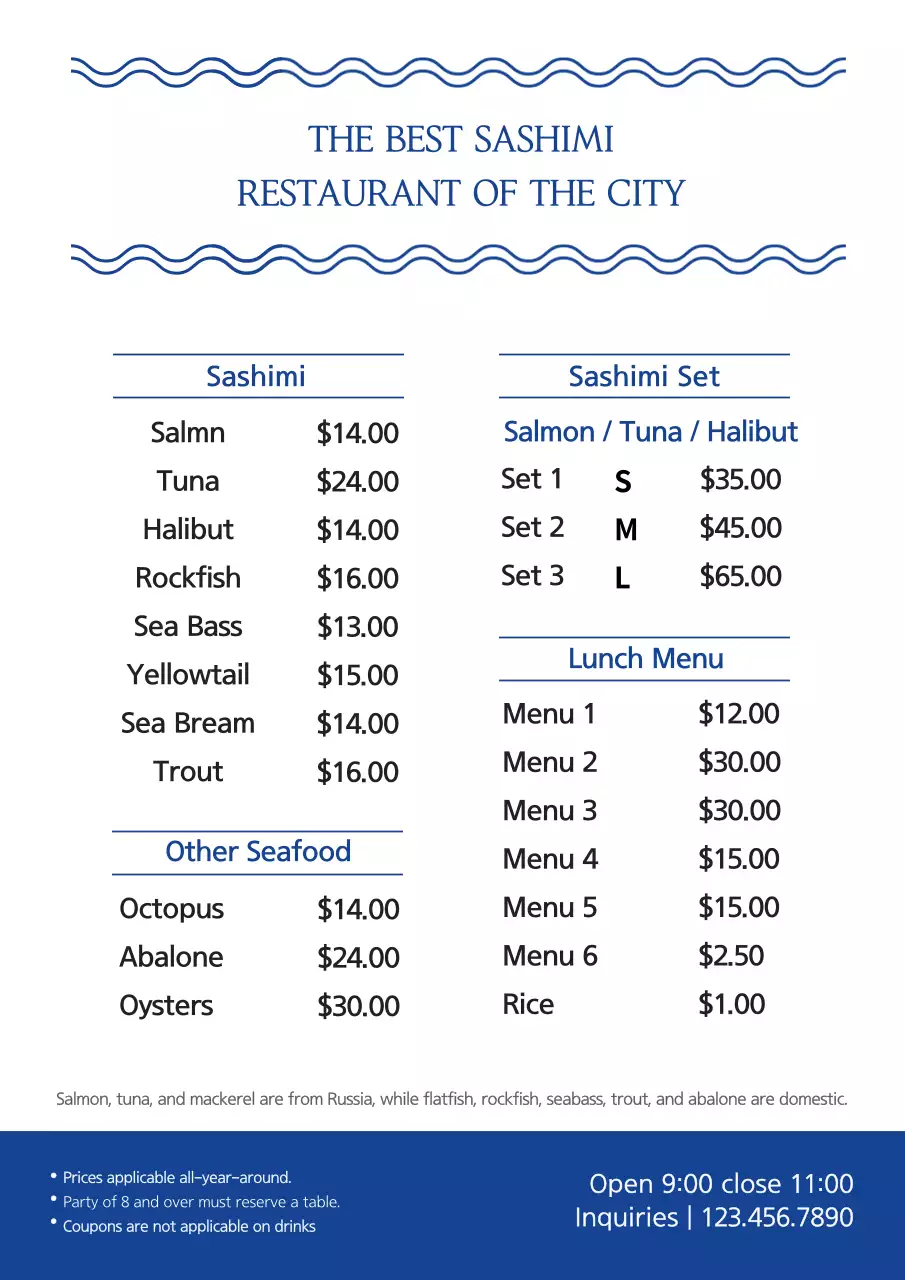Blue Simple Seafood Menu Poster