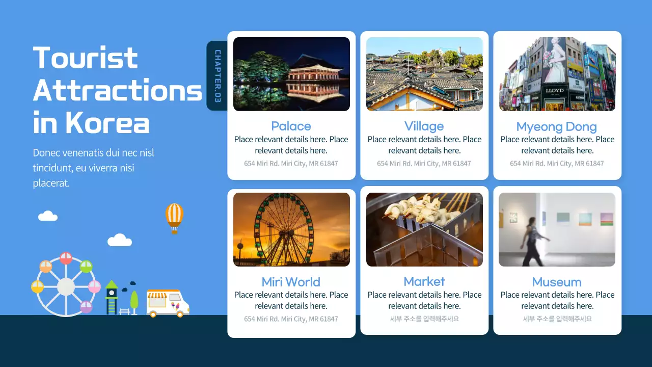 Blue and navy blue illustrated South Korea travel guide