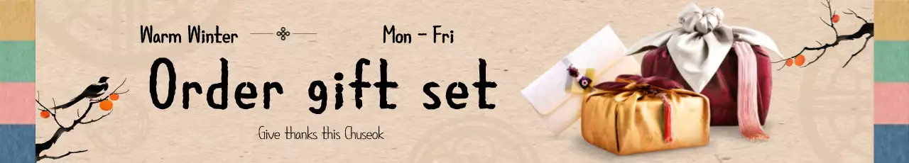 Acara set hadiah Tahun Baru Imlek yang menampilkan ilustrasi seni oriental tradisional dan gambar set hadiah furoshiki.