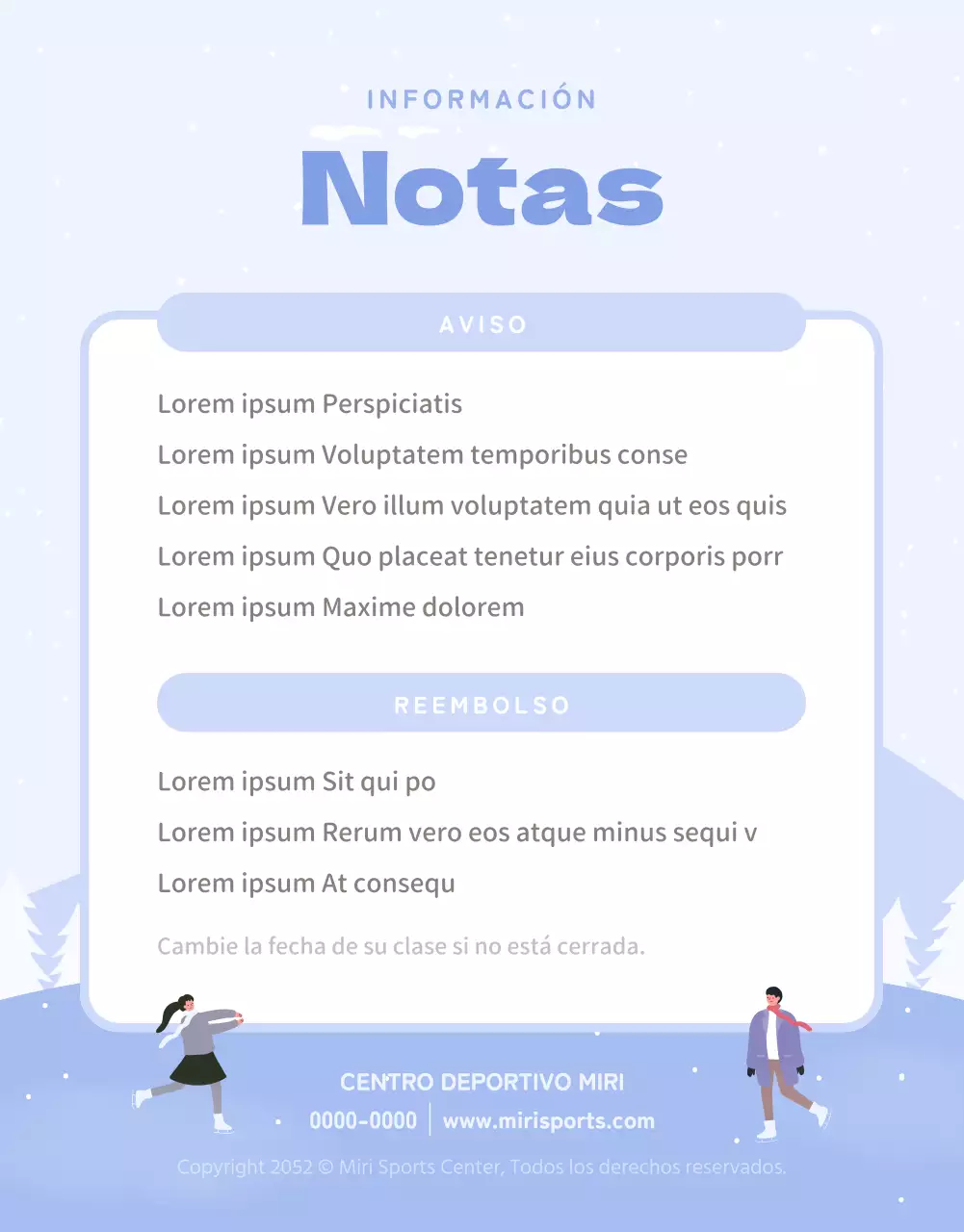 Guía de clases de patinaje de invierno en morado y blanco