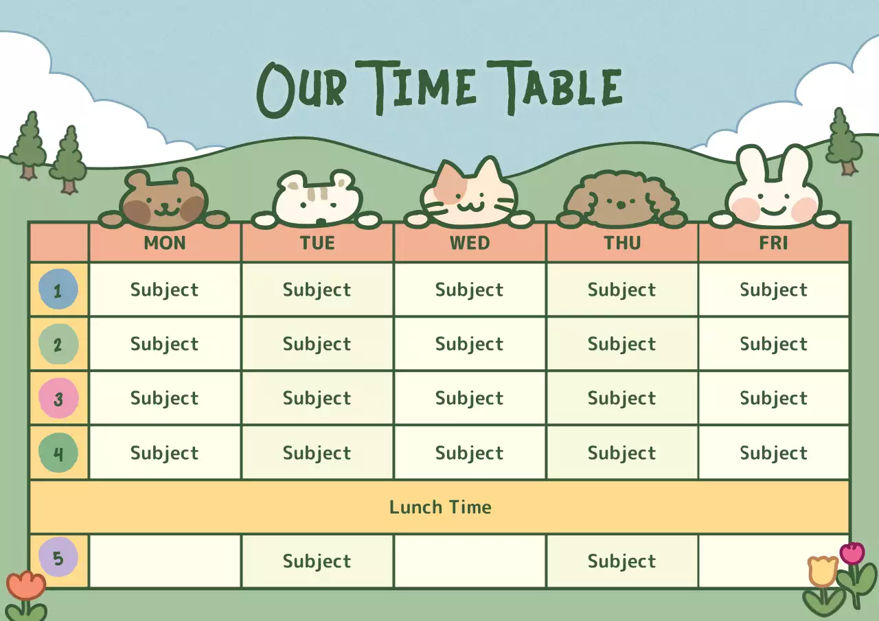 Timetable with cute illustrations in light blue-green colors