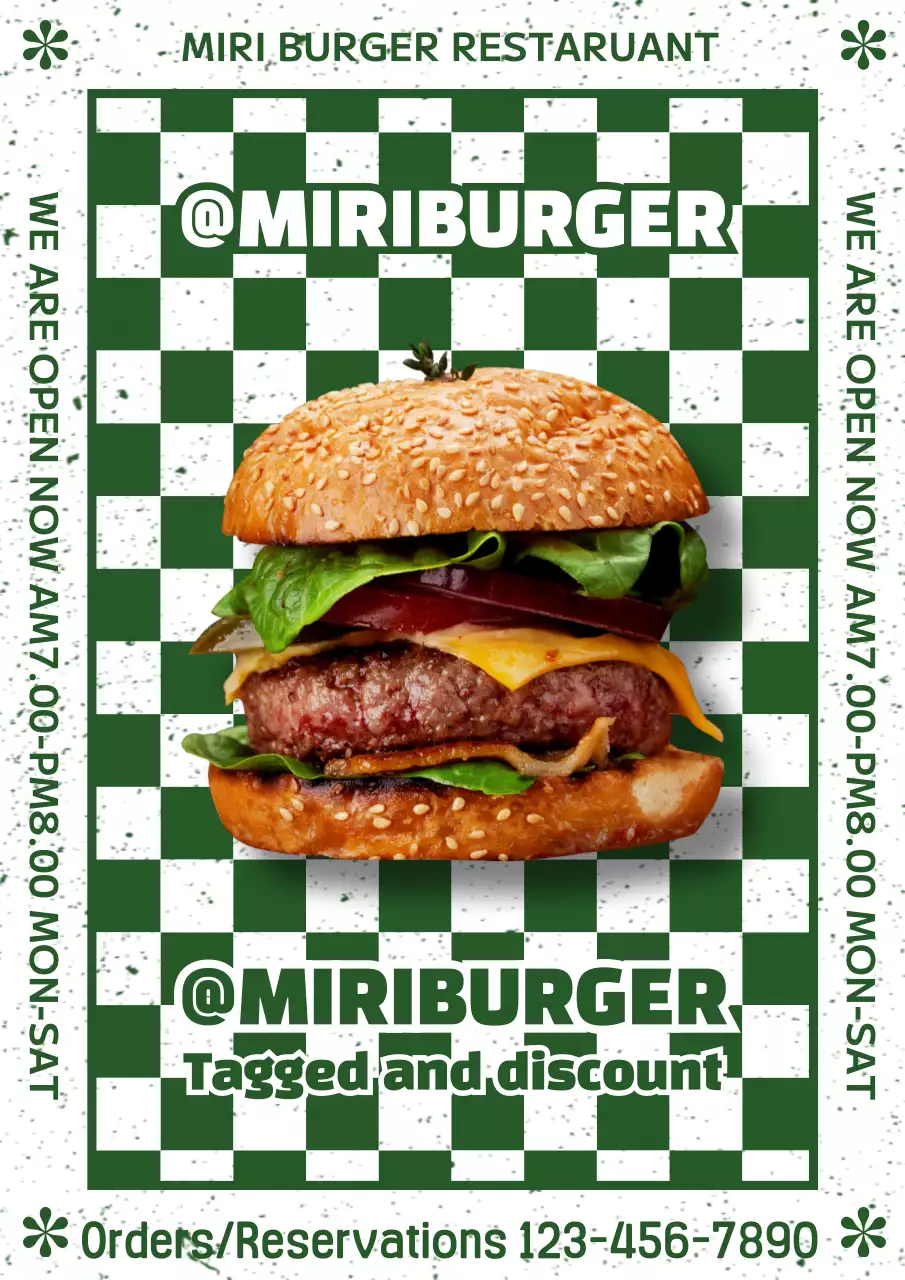 초록색과 흰색의 햄버거 메뉴 홍보 포스터