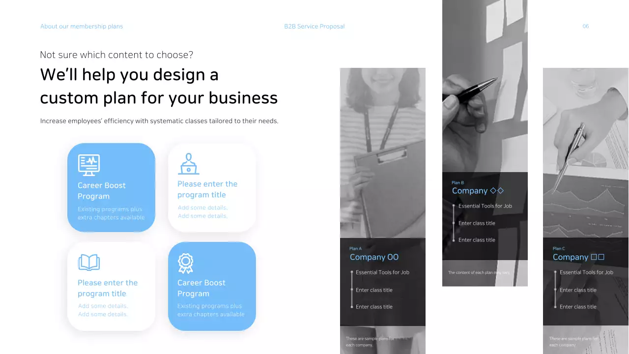 Business services proposal presentation with a light blue color scheme