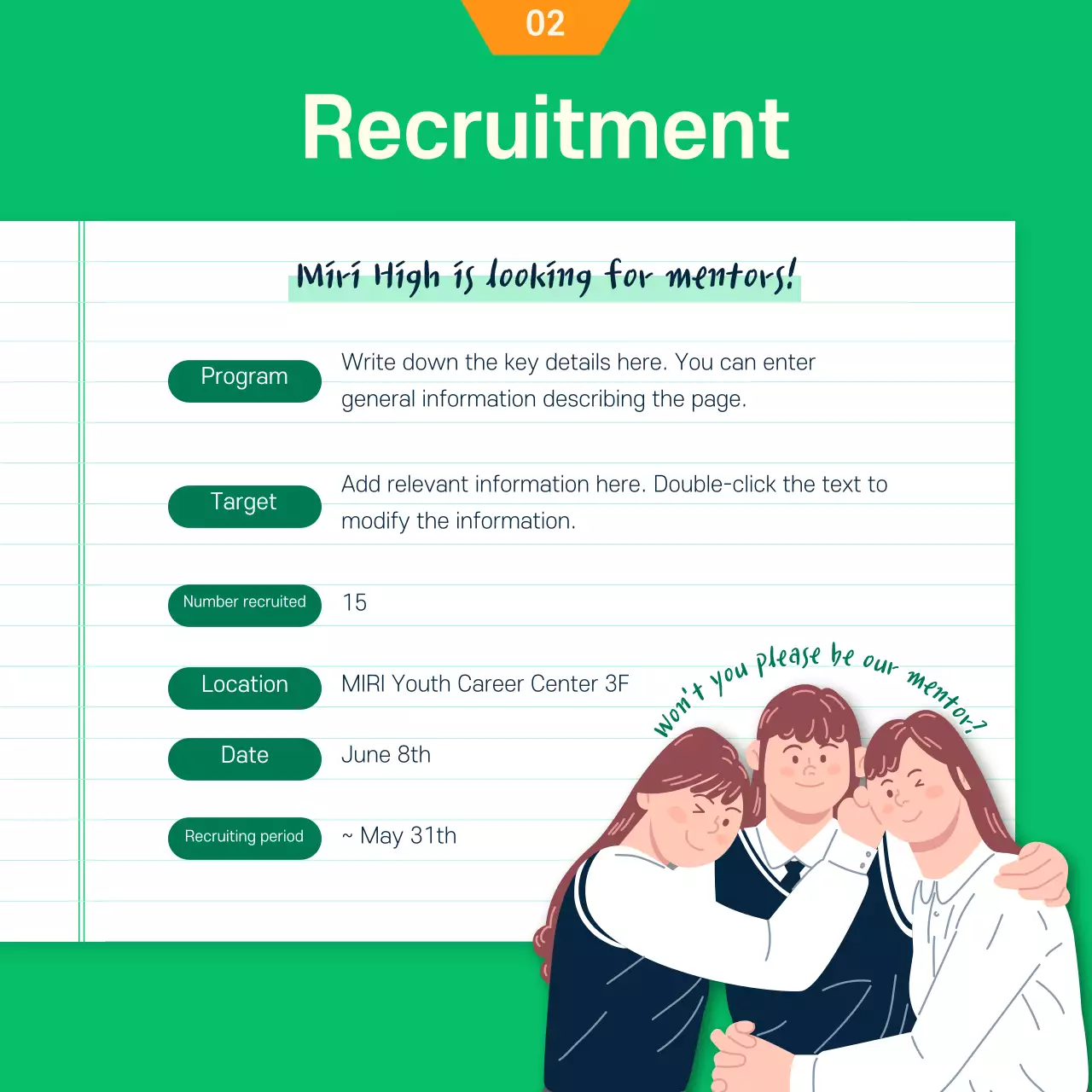 Green and Orange Illustrated Concept Recruiting College Student Volunteers