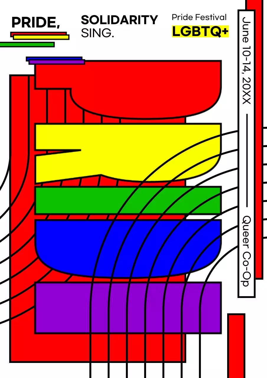 Pride Festival with rainbow-colored simplified text and shapes
