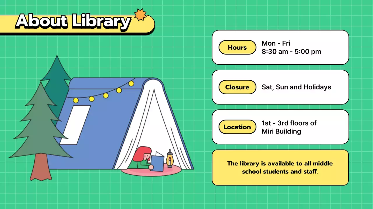 초록색과 노란색 귀여운 깔끔한 그리드의 도서관 교육용 메뉴얼