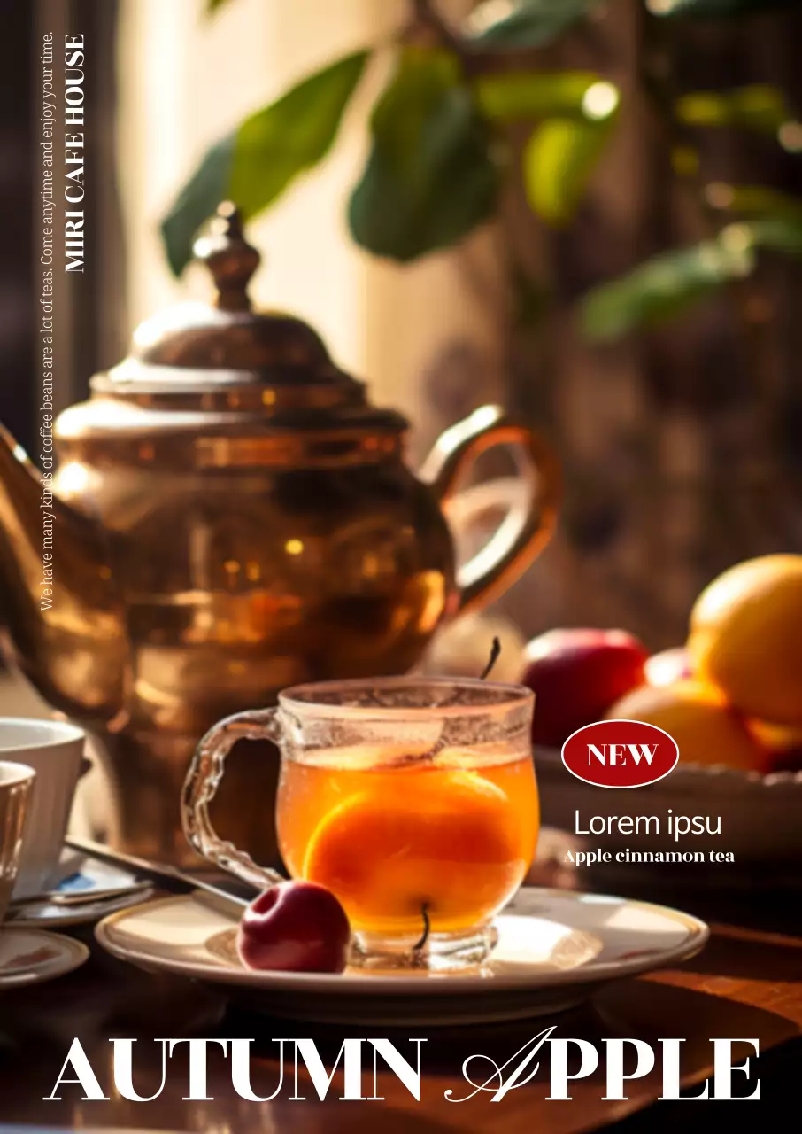 Menu teh di kafe musim gugur ini menampilkan foto-foto teh kayu manis apel yang sentimental dan font bahasa Inggris.