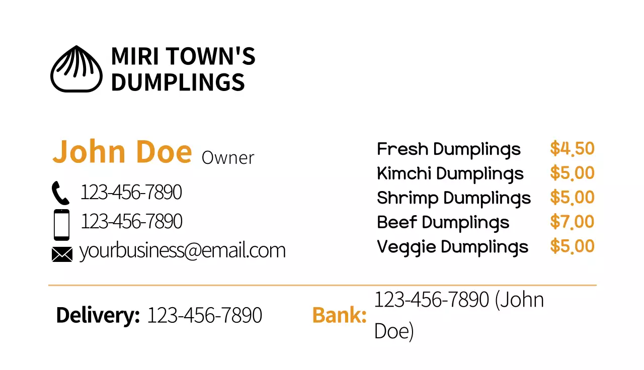 Orange Minimal Dumplings Advertisement Business Card