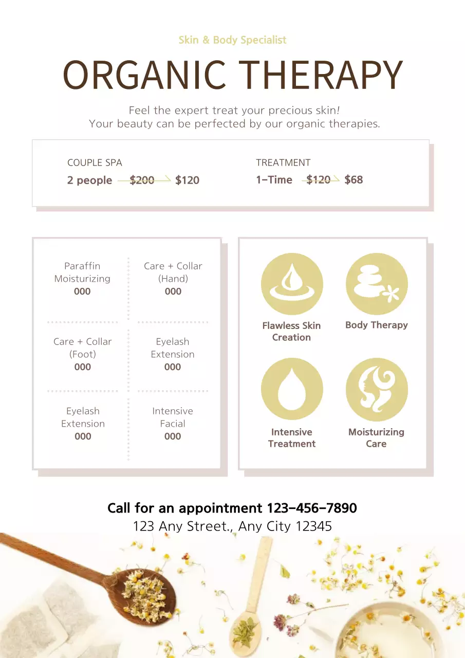 Promote a neat massage parlor with brown and ivory floral photos and a clean look