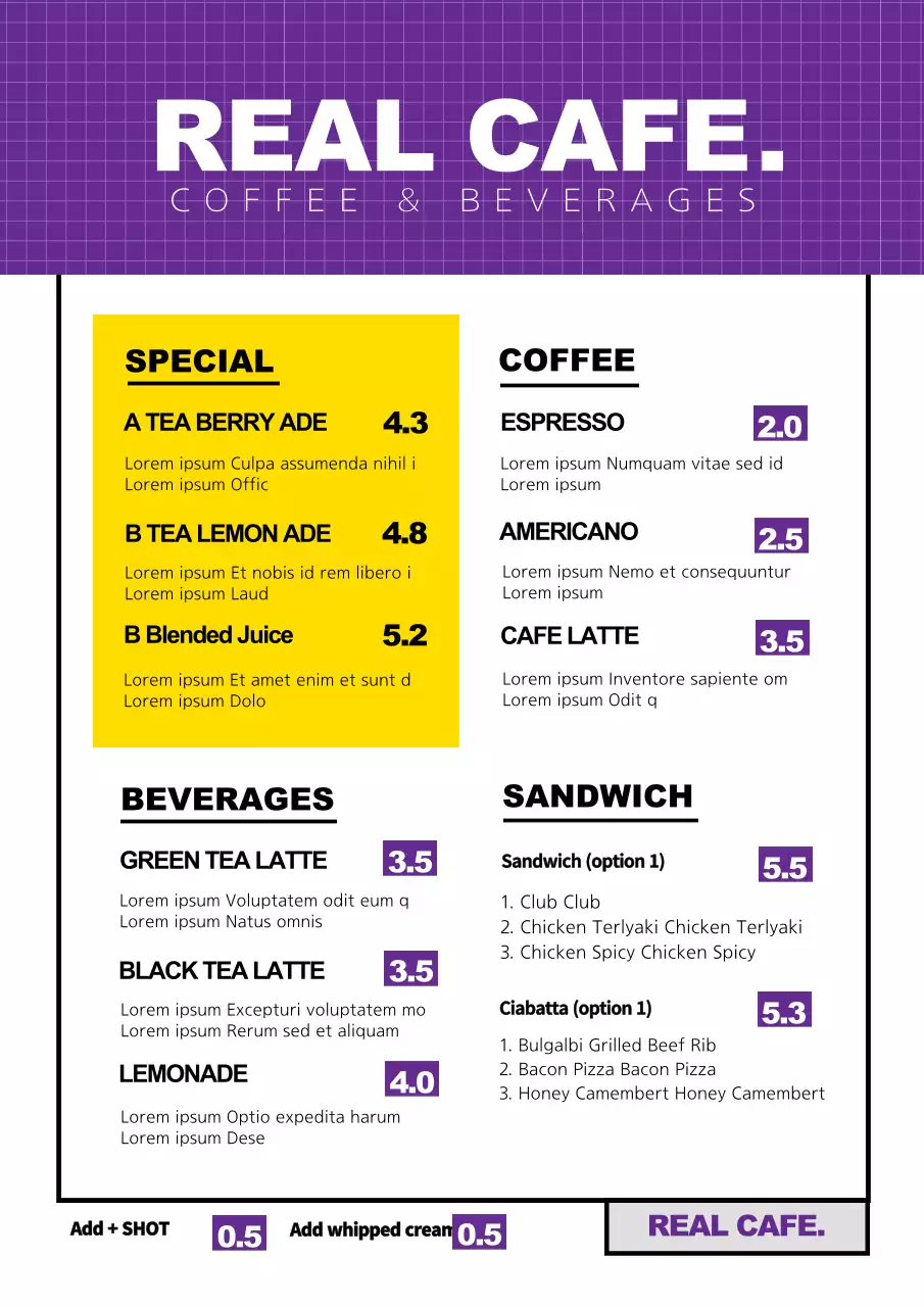 Purple Modern Cafe Menu Poster