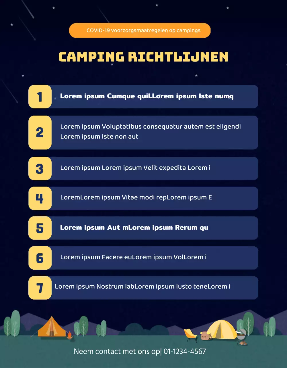 Instructies met illustraties van een camping bij nacht in marineblauw