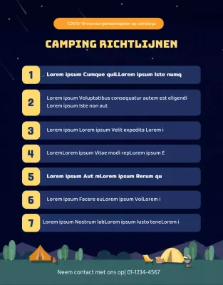 Instructies met illustraties van een camping bij nacht in marineblauw