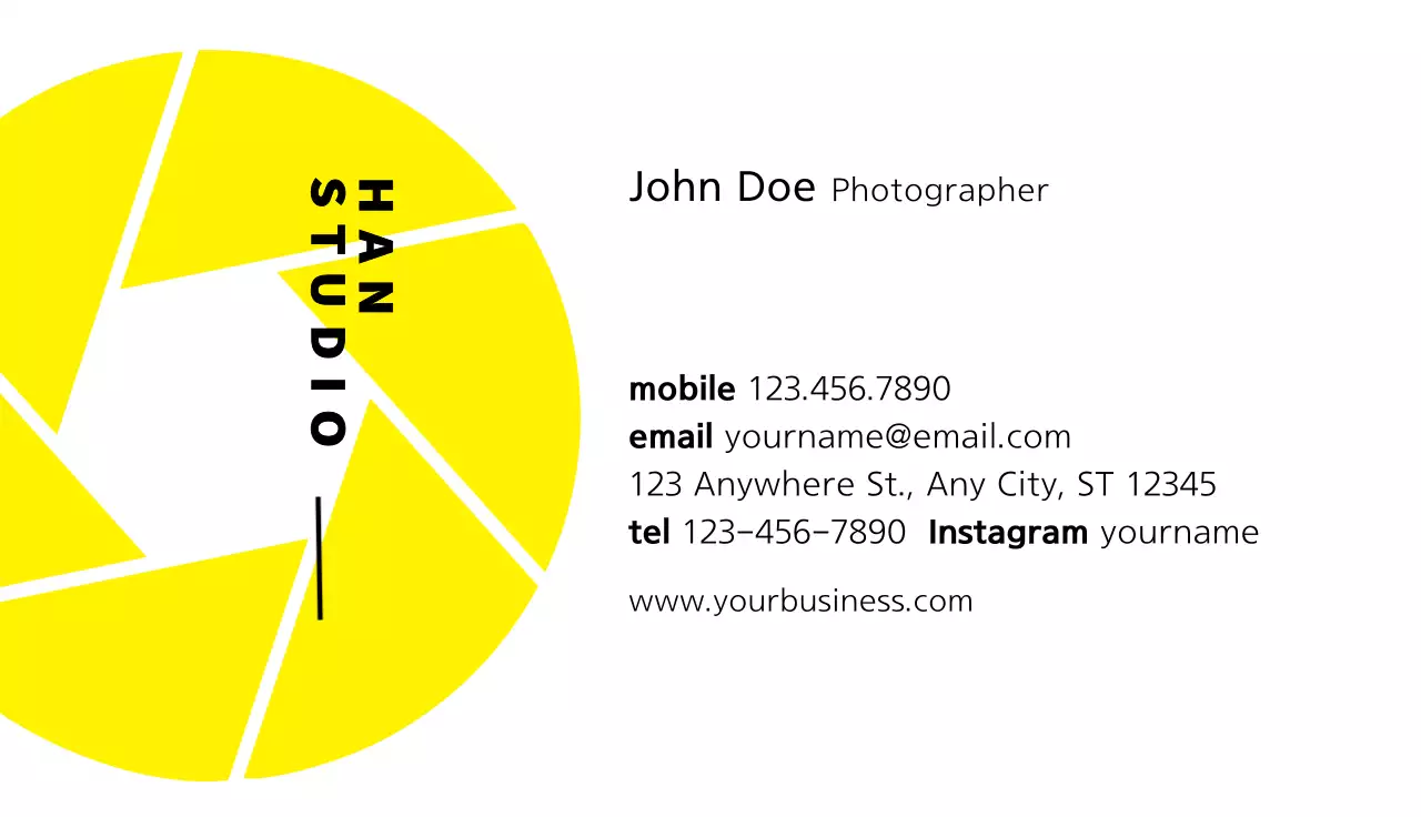 Photographer business card with yellow and white camera aperture icon