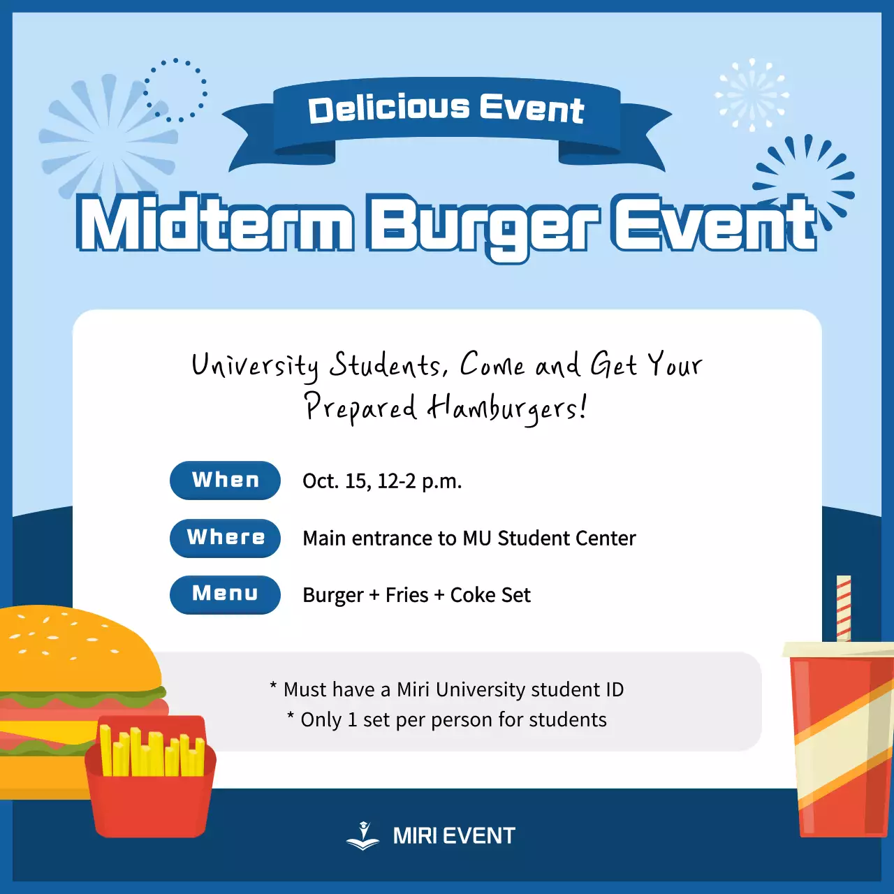 Blue Modern Burger Event Announcement Instagram Post