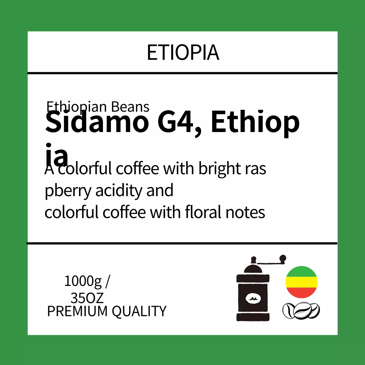 Coffee bean label with green illustration