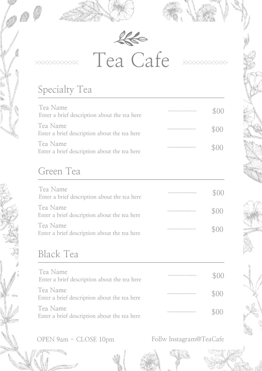 Grey Floral Tea Menu Poster