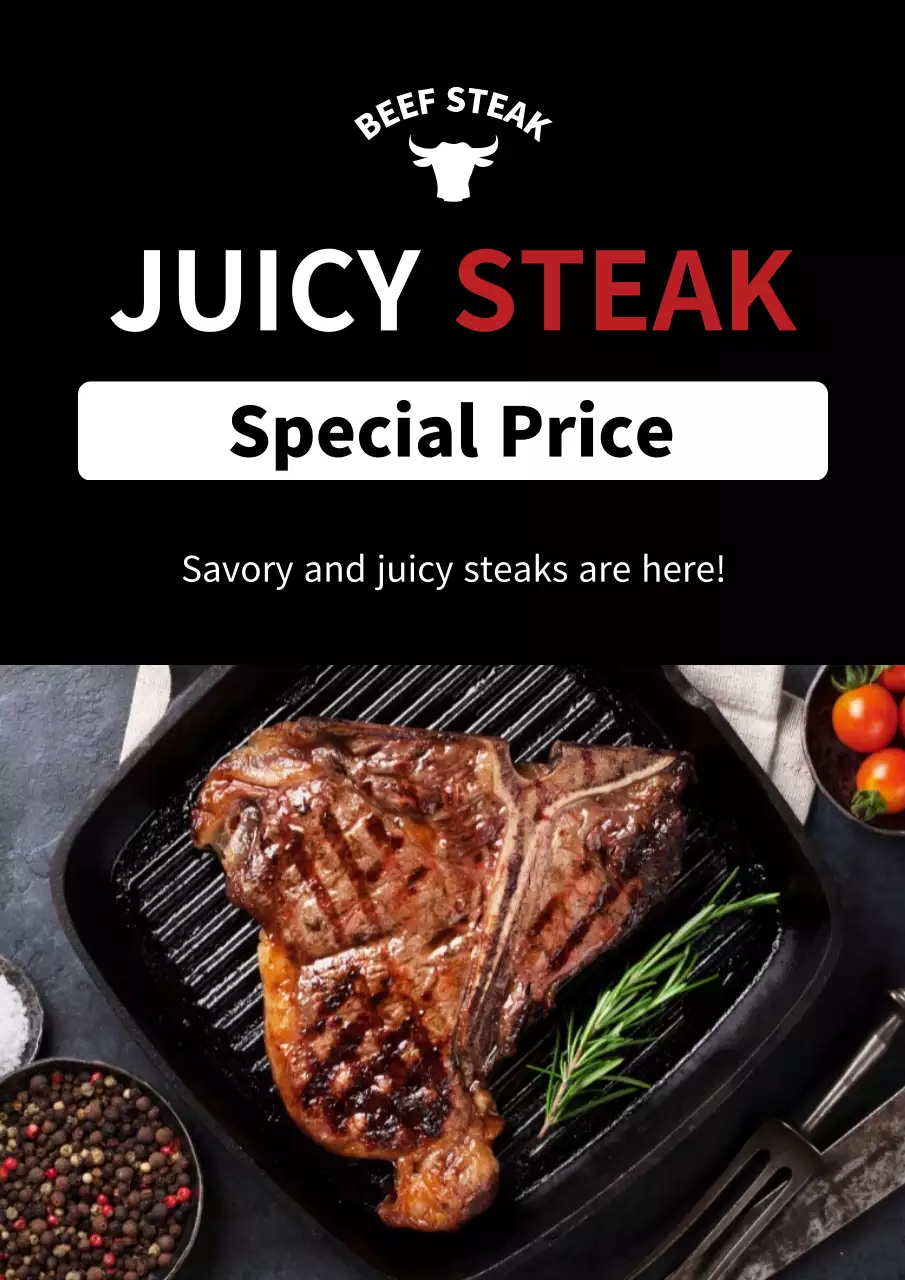 Simple steakhouse discount promotion with a black steak photo