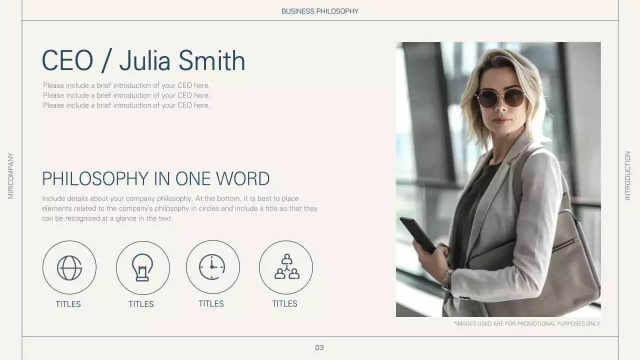 A company profile with a simple layout in beige and navy