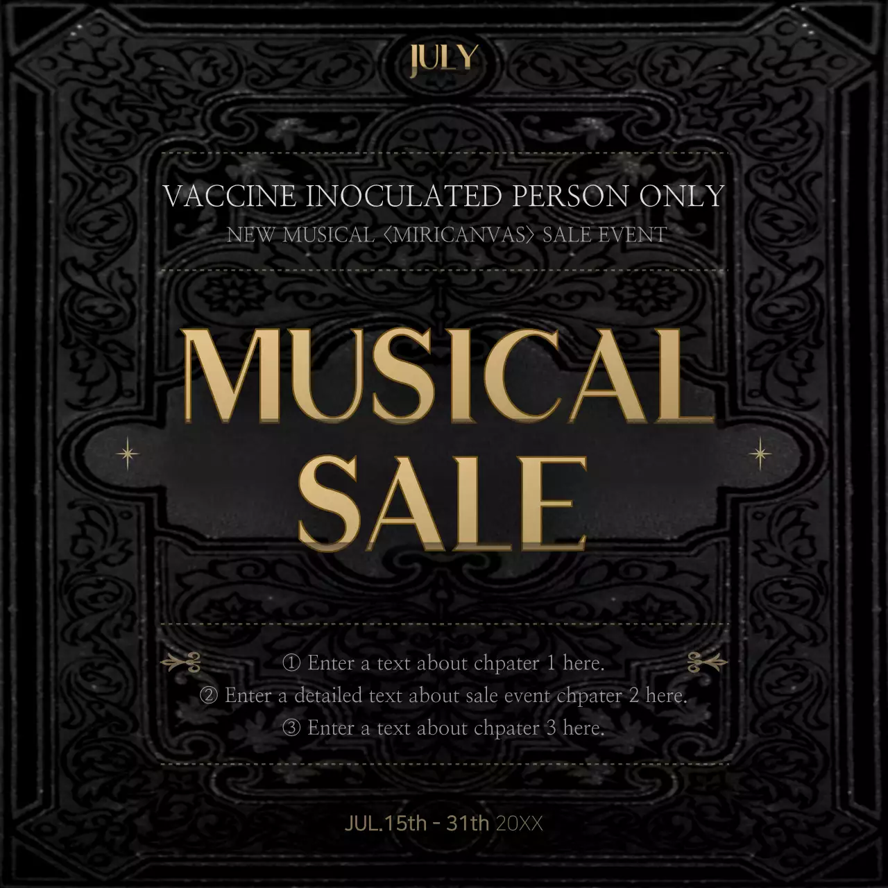 Black and gold classic book-themed musical discount event for vaccinators only