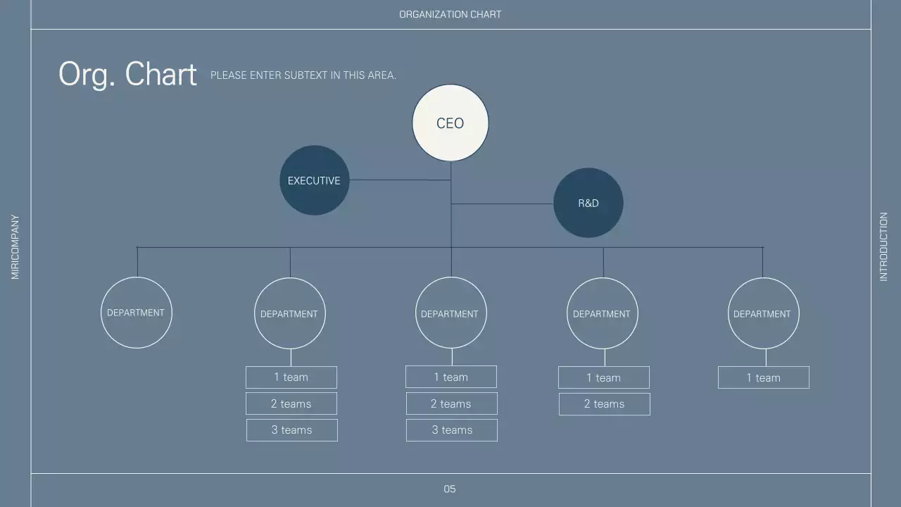 A company profile with a simple layout in beige and navy