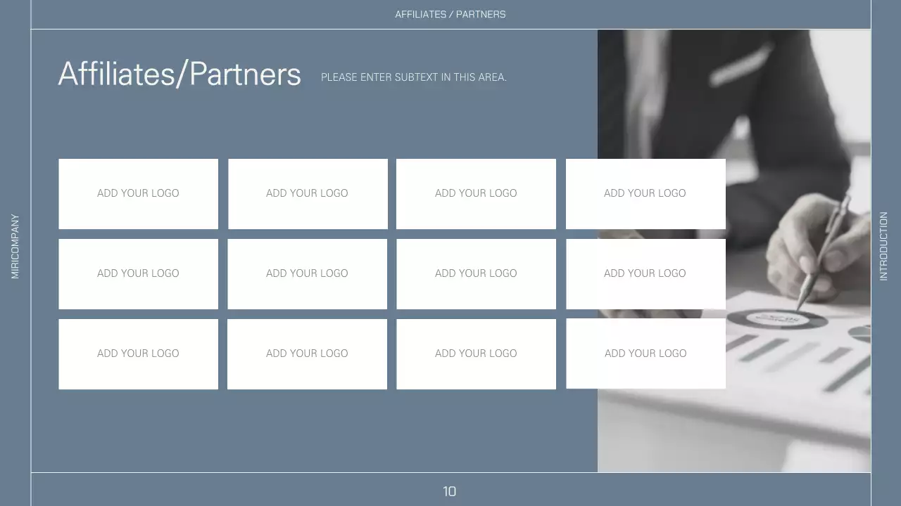 A company profile with a simple layout in beige and navy