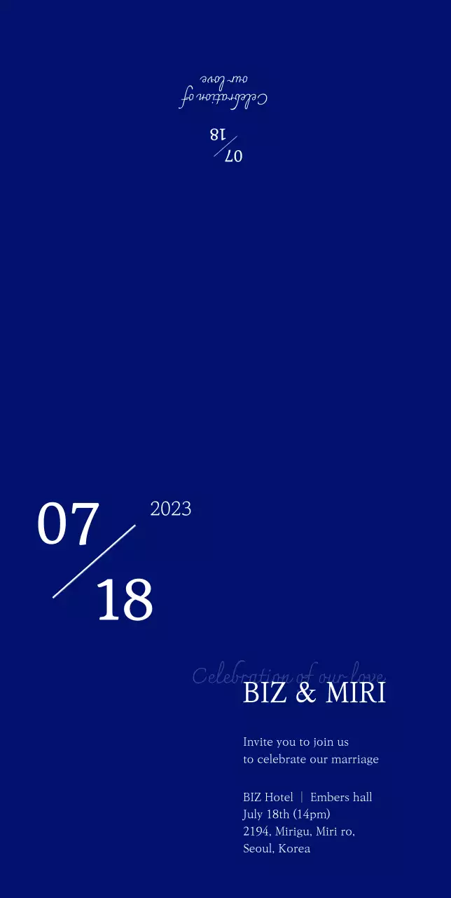 A clean wedding invitation with a blue background