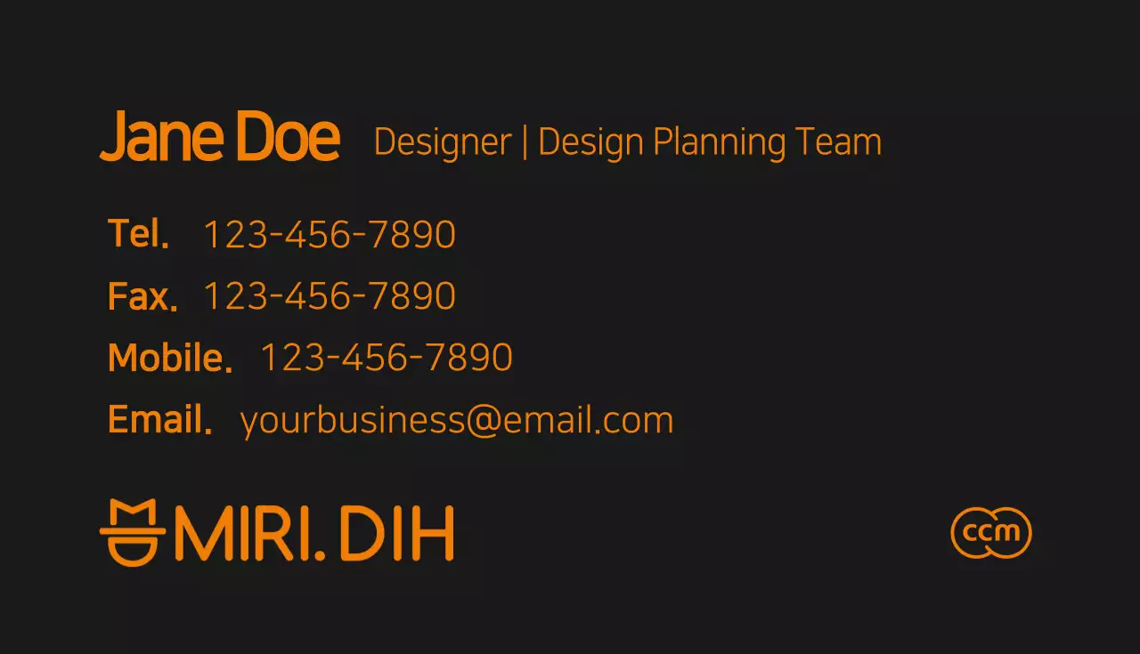 A simple designer business card with orange and black text and lines.
